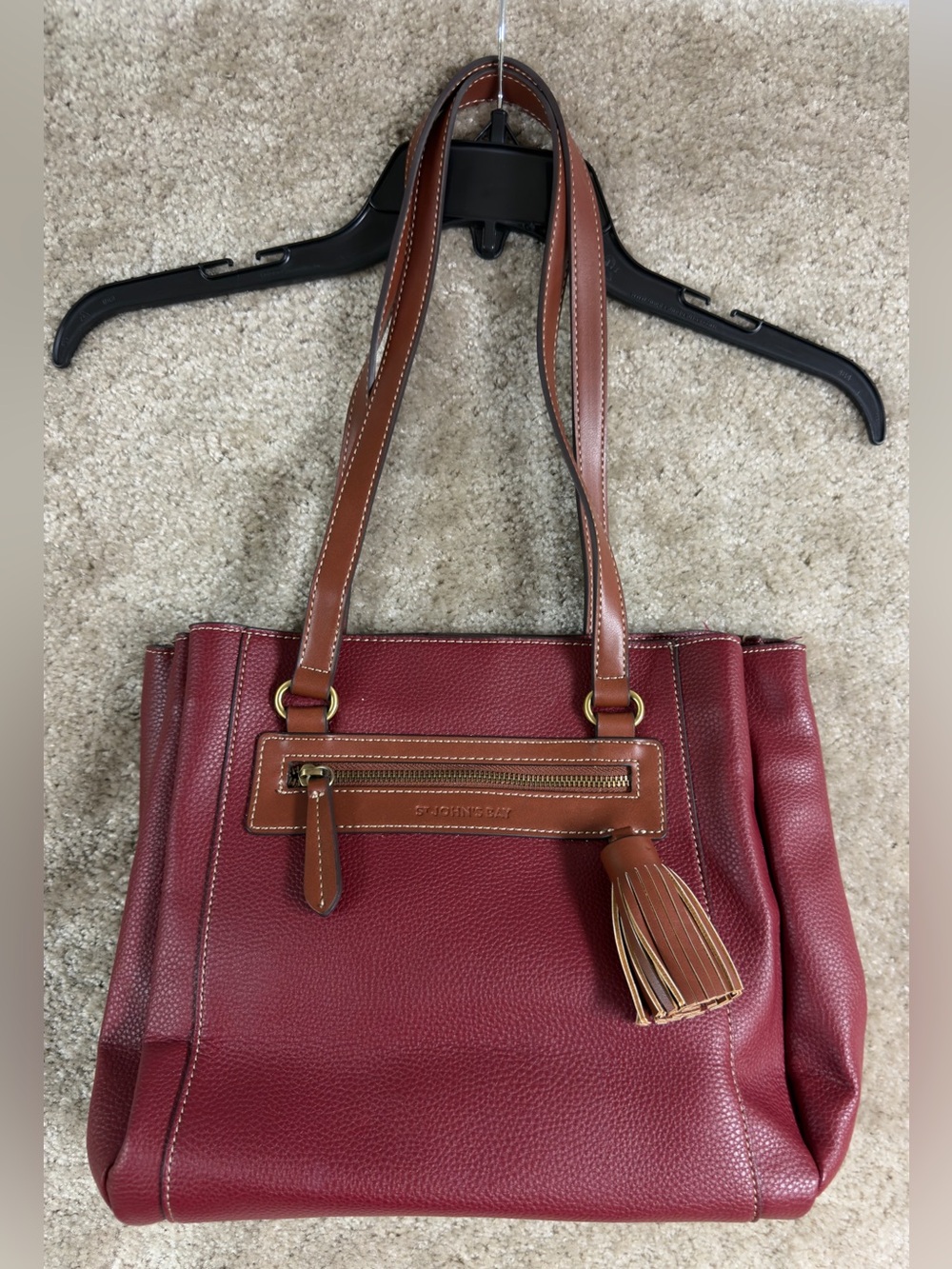 St. John's Bay Quincy 4 Poster Shoulder Bag Tote Burgundy Wine Faux Leather